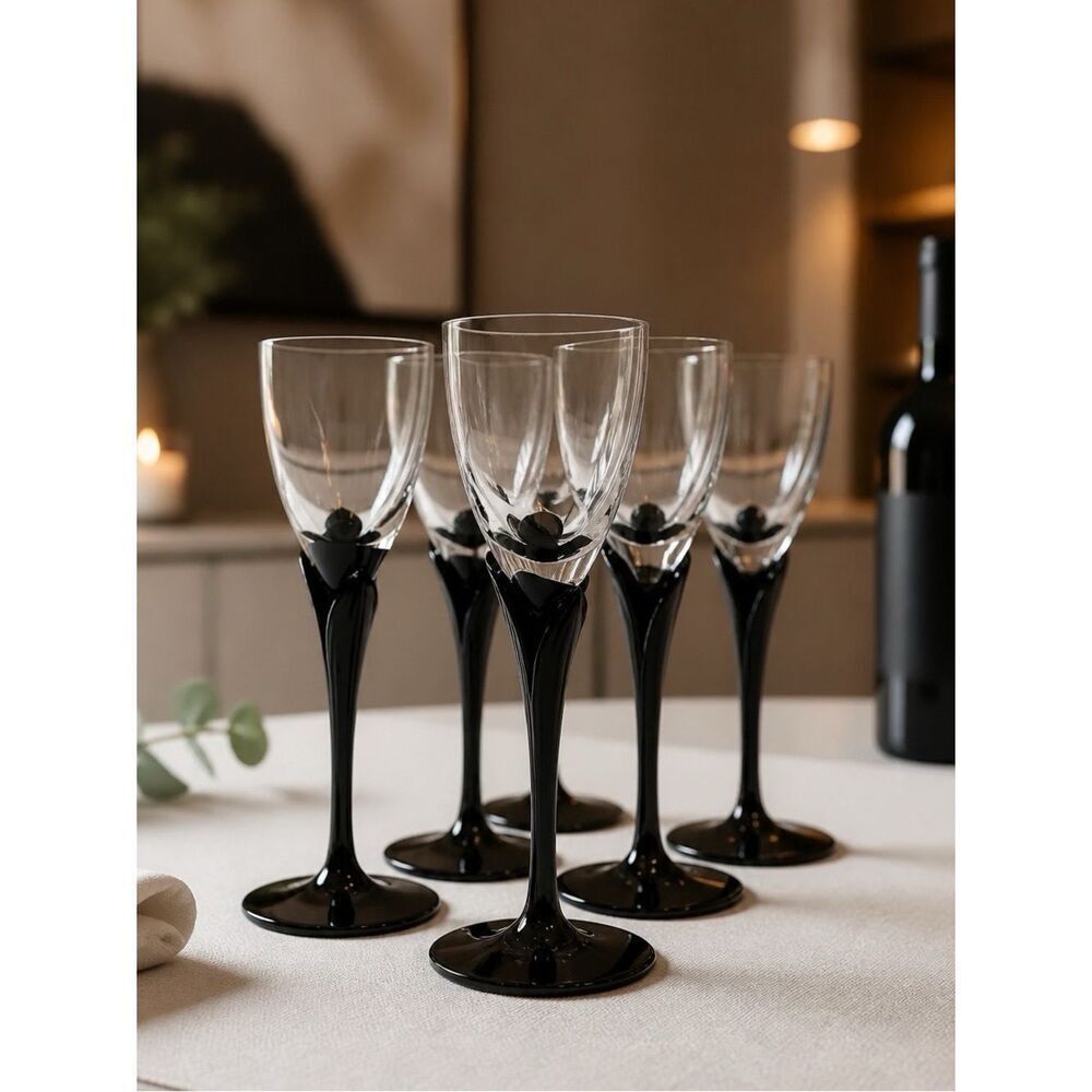 ALEXANDRA-BLACK STEMWARE by MIKASA  (6) CORDIAL GLASSES LIKE NEW CONDITION